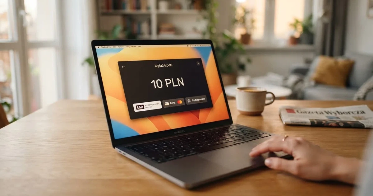 Laptop z otwartym oknem wpłaty na kwotę 10 zł i listą metod: BLIK, karta płatnicza, szybki przelew