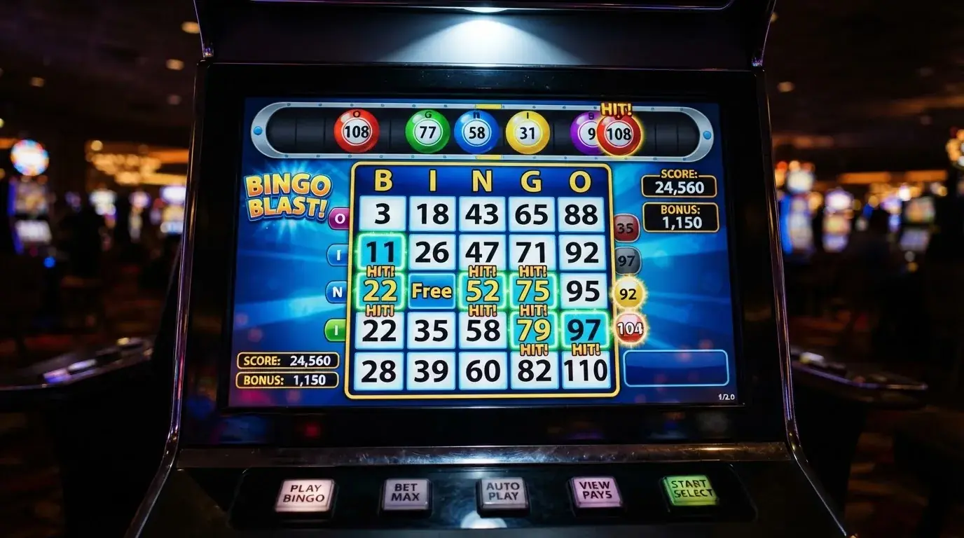 Ekran automatu do gry z kolorową planszą w stylu bingo i podświetlonymi liczbami