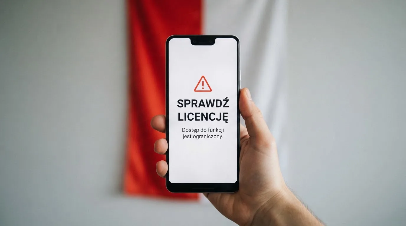 Dłoń trzymająca telefon z widocznym komunikatem ostrzegawczym o legalności hazardu online na tle biało-czerwonej flagi Polski.
