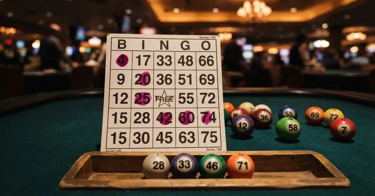 Karta do bingo z odznaczonymi liczbami obok wylosowanych kulek na stole w kasynie online
