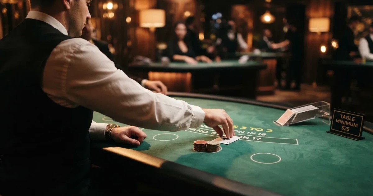 Krupier rozdający karty przy stole blackjacka na żywo w kasynie online