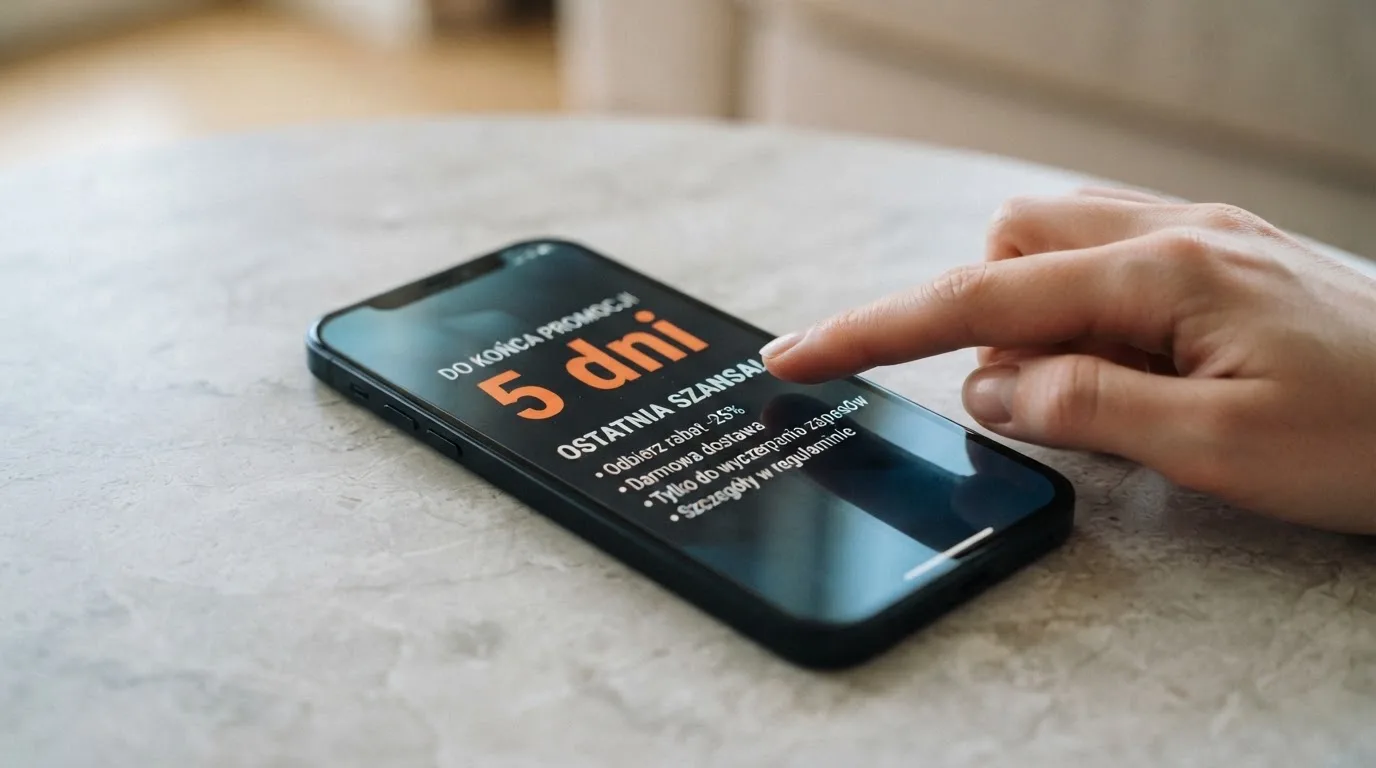 Zbliżenie na telefon z listą warunków promocji i licznikiem odliczającym dni do końca oferty