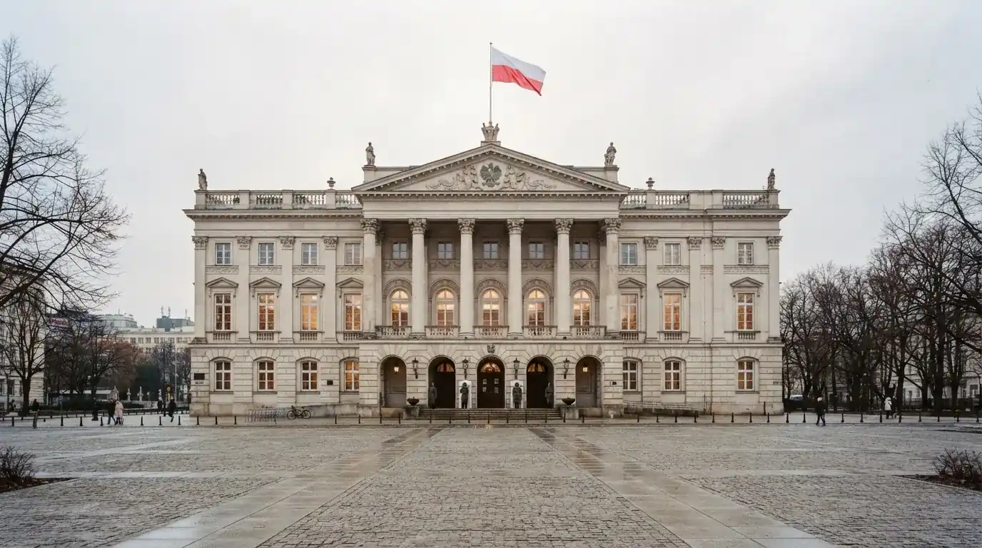 Fasada budynku instytucji państwowej z flagą Polski, symbol nadzoru regulatora nad rynkiem gier hazardowych