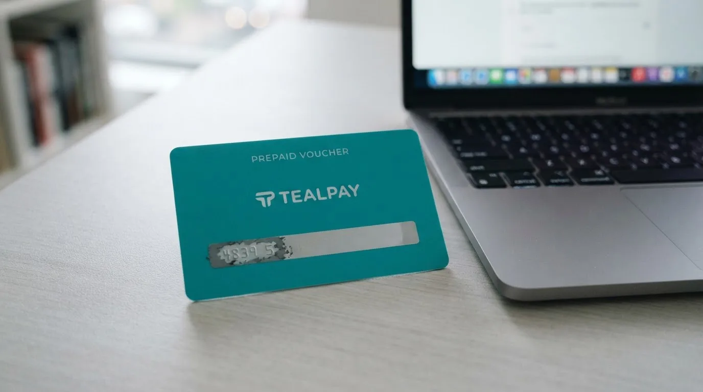 Karta przedpłacona Paysafecard z zasłoniętym polem kodu PIN obok klawiatury laptopa