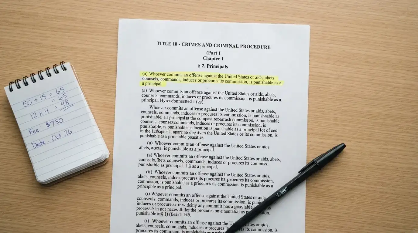 Wydruk kodeksu karnego skarbowego z zakreślonym artykułem obok kalkulatora i długopisu na biurku