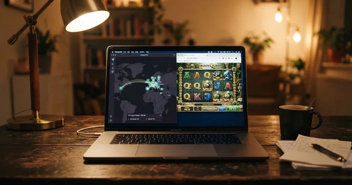 Laptop na biurku z włączoną aplikacją VPN i mapą serwerów w kilku krajach obok otwartej przeglądarki
