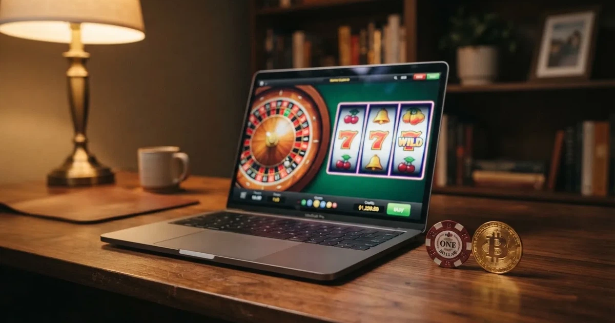 Ekran laptopa z otwartą stroną porównania kasyn online obok fizycznego żetonu i symbolu kryptowaluty Bitcoin Cash.