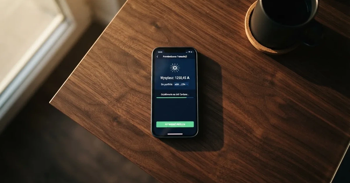 Ekran aplikacji portfela kryptowalutowego w trakcie wysyłania przelewu w sieci Cardano (ADA)