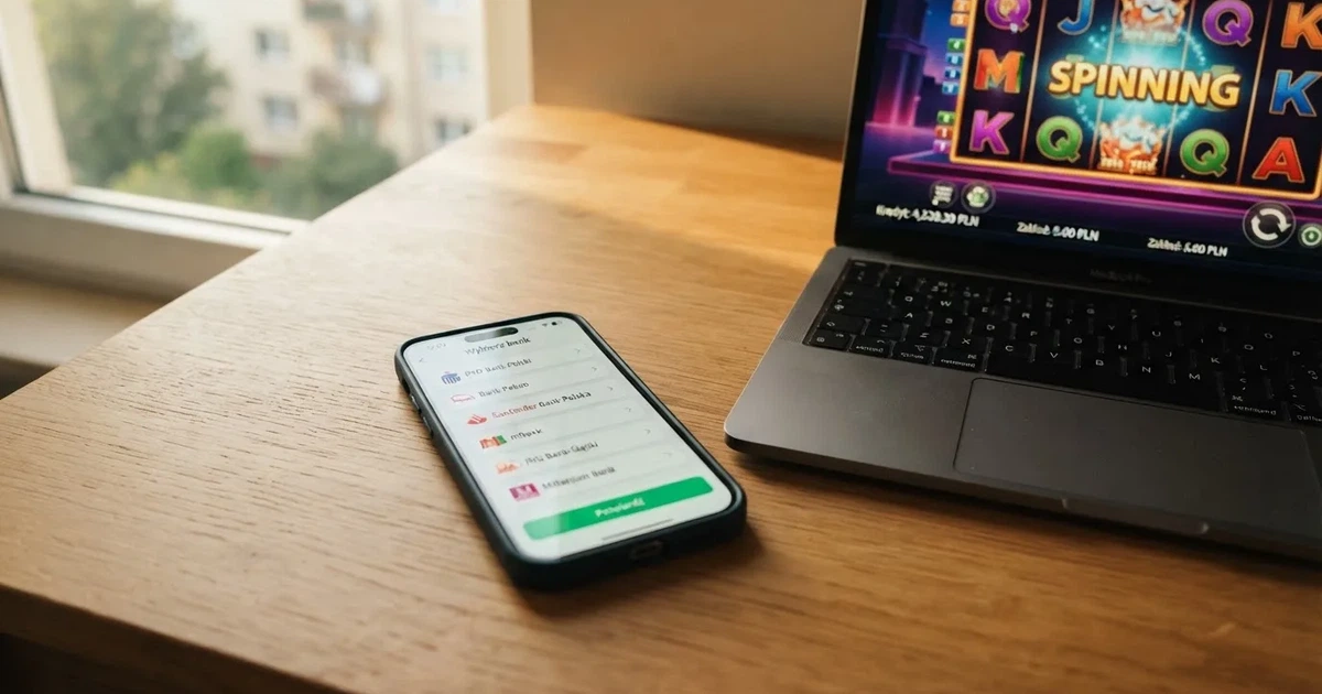 Smartfon z ekranem wyboru banku i zatwierdzania przelewu obok laptopa z otwartą stroną gry, bez logotypów