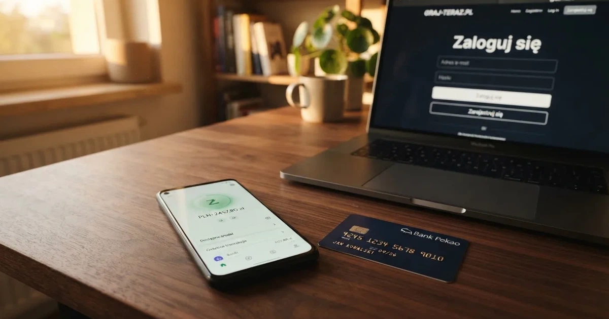 Ekran aplikacji bankowej na smartfonie leżącym obok karty płatniczej i otwartego na laptopie ekranu logowania do serwisu gier online