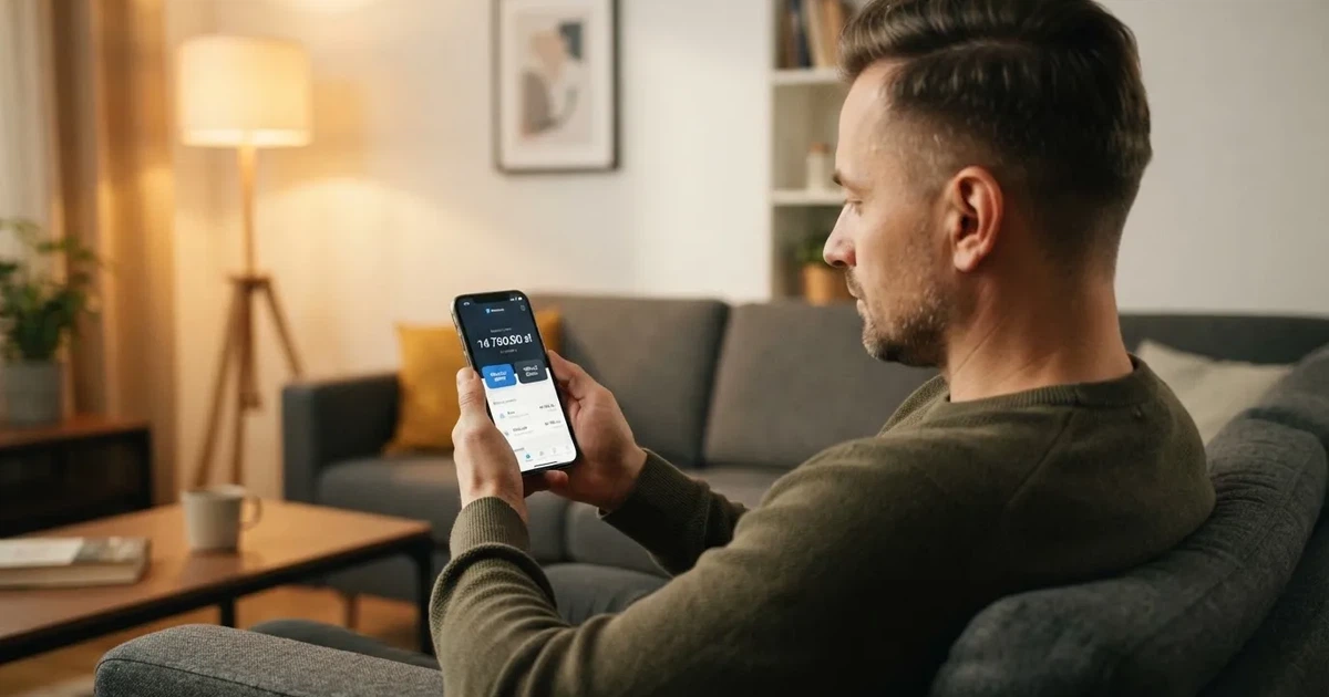 Dorosły mężczyzna na kanapie trzyma smartfon z Androidem, na ekranie saldo konta gracza w złotych obok przycisku wypłaty