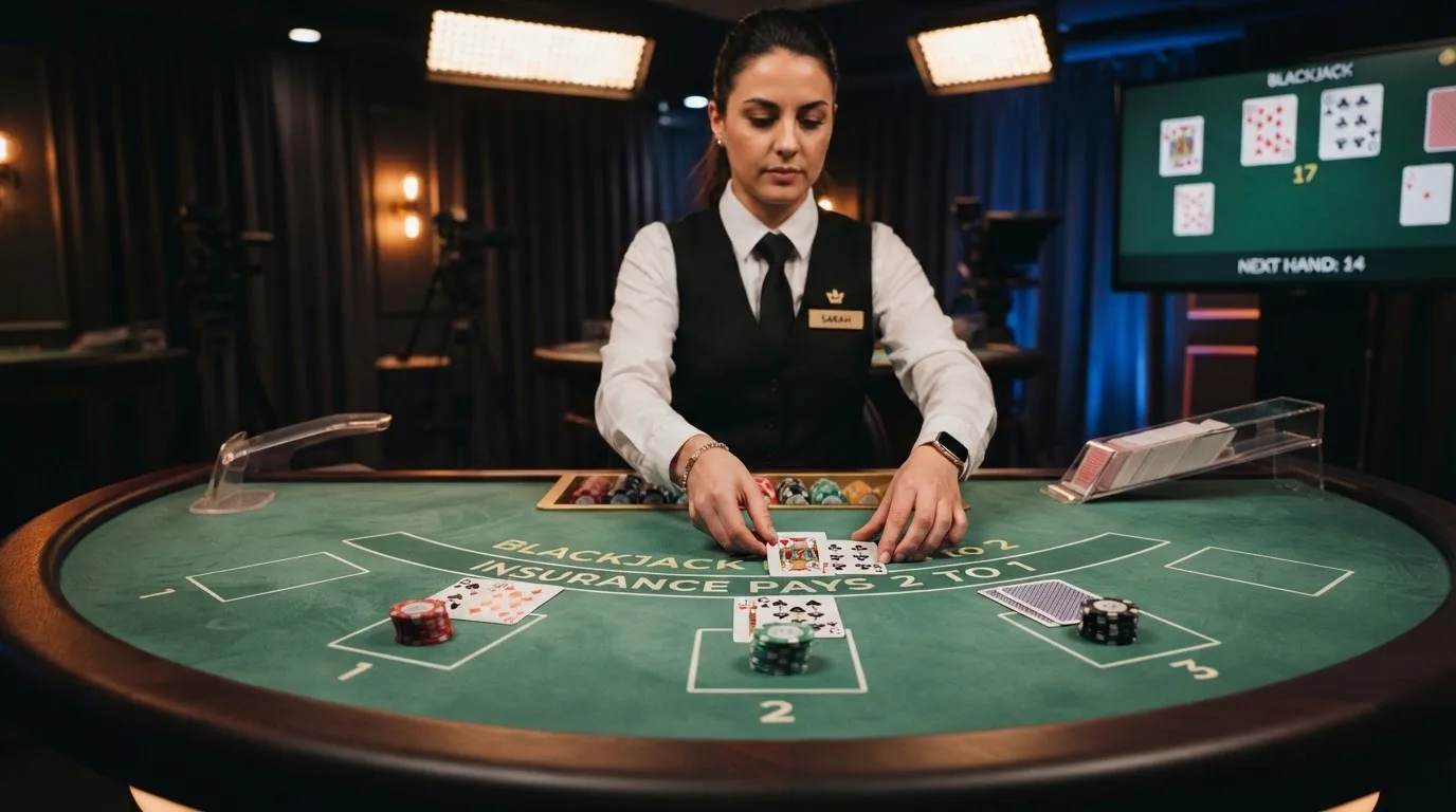 Krupier rozdający karty przy stole blackjacka podczas transmisji na żywo
