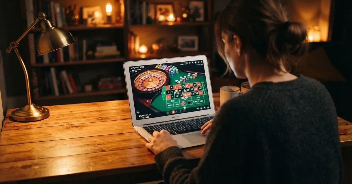 Gracz przy laptopie czyta krótkie wyjaśnienie, czym jest kasyno na żywo