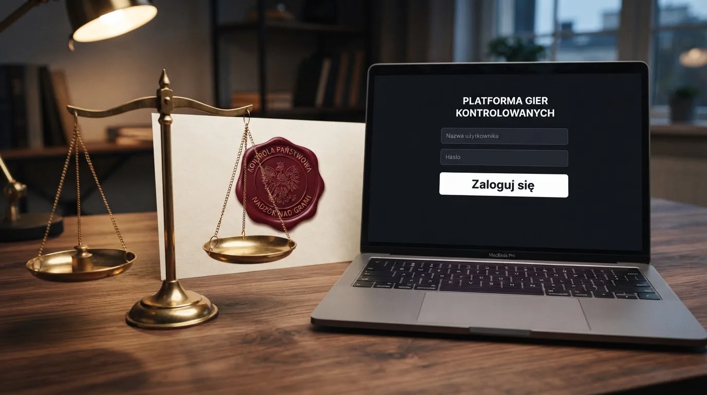 Symboliczna pieczęć urzędowa i waga obok ekranu logowania do serwisu hazardowego