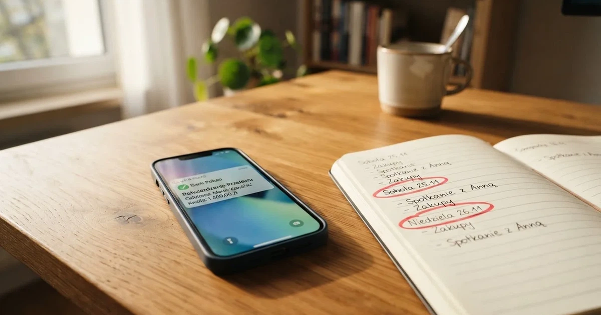 Smartfon z powiadomieniem o zaksięgowanym przelewie przychodzącym, obok papierowy kalendarz z zakreśloną sobotą i niedzielą