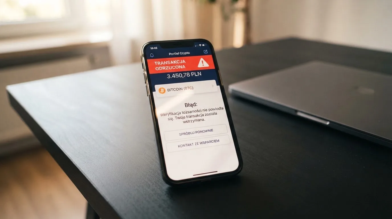 Smartfon z otwartym portfelem kryptowalut i komunikatem o odrzuconej płatności leżący obok laptopa