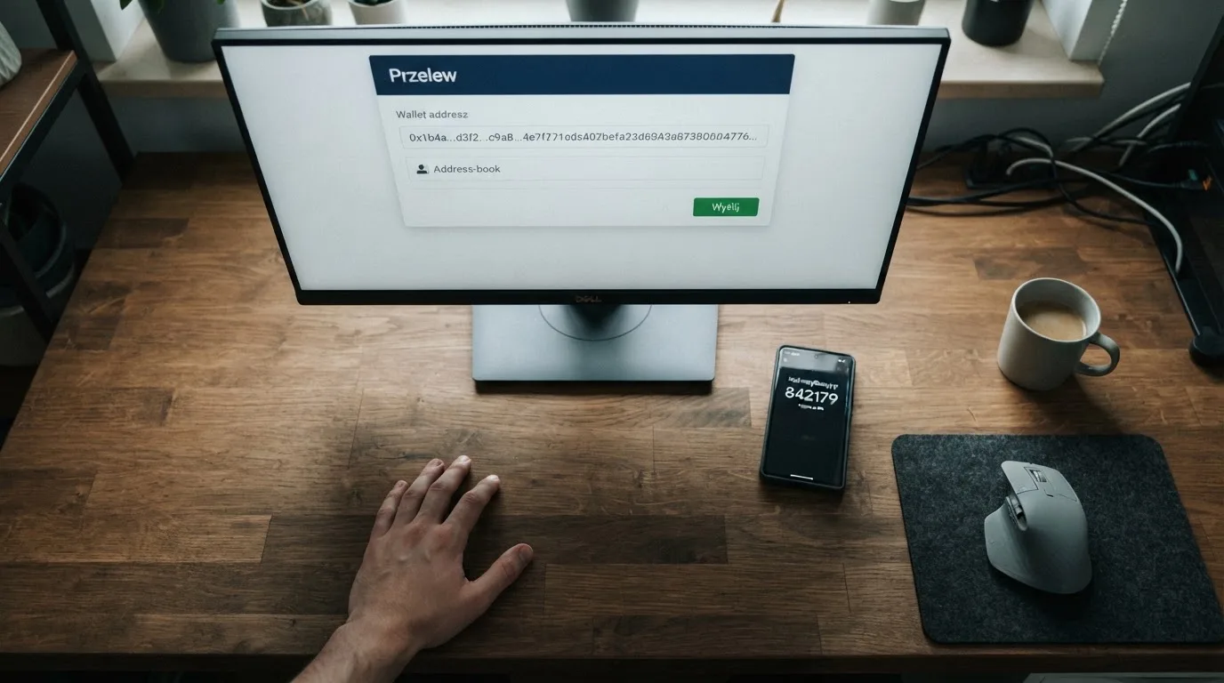 Ekran komputera z aplikacją giełdy i oknem przelewu na adres portfela, obok telefon z kodem uwierzytelniania