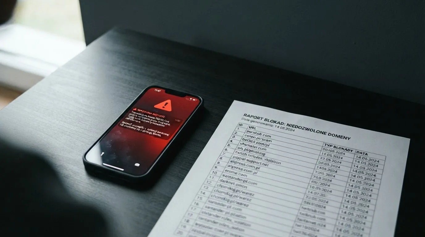 Telefon z komunikatem o odrzuconej płatności na ekranie, obok wydruk tabeli z listą zablokowanych adresów stron