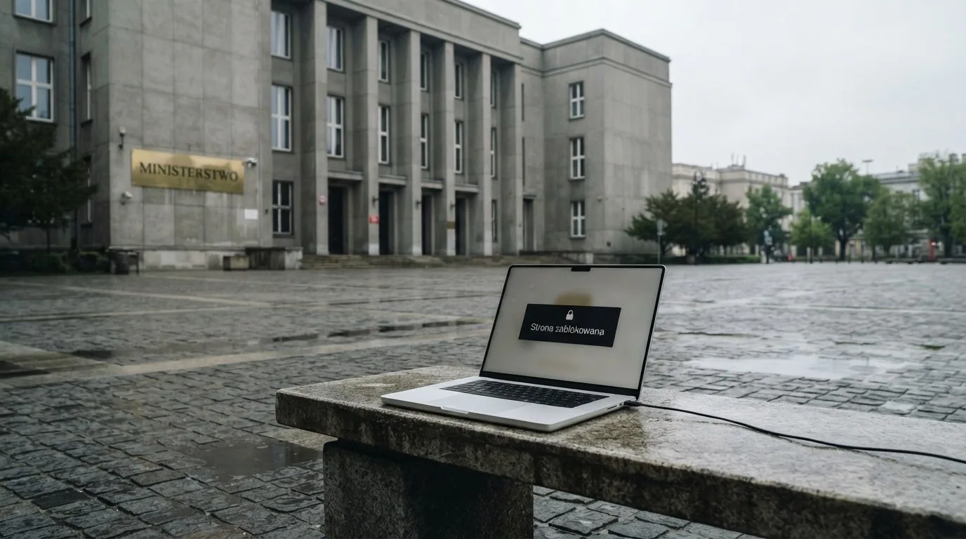 Budynek urzędu z tablicą ministerstwa, na pierwszym planie laptop z komunikatem o zablokowanej stronie kasyna