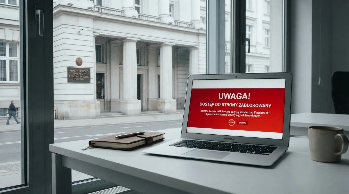 Laptop z komunikatem o zablokowanej stronie hazardowej, w tle budynek urzędu z tablicą ministerstwa