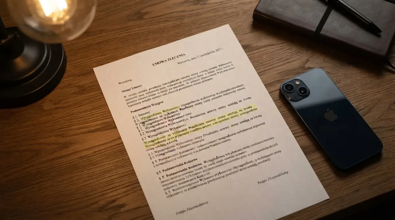Wydruk ustawy o grach hazardowych z zakreślonymi artykułami leżący na biurku obok wyłączonego smartfona