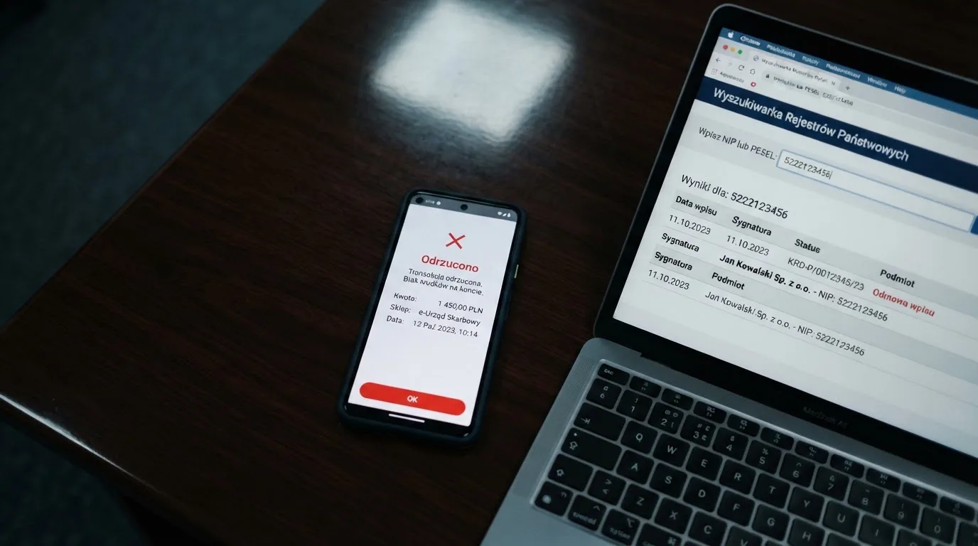 Ekran telefonu z odrzuconą płatnością BLIK obok otwartej w przeglądarce wyszukiwarki rejestru domen Ministerstwa Finansów