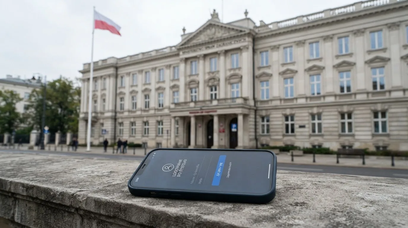 Budynek urzędu z polską flagą obok ekranu smartfona z otwartą stroną logowania do konta gracza