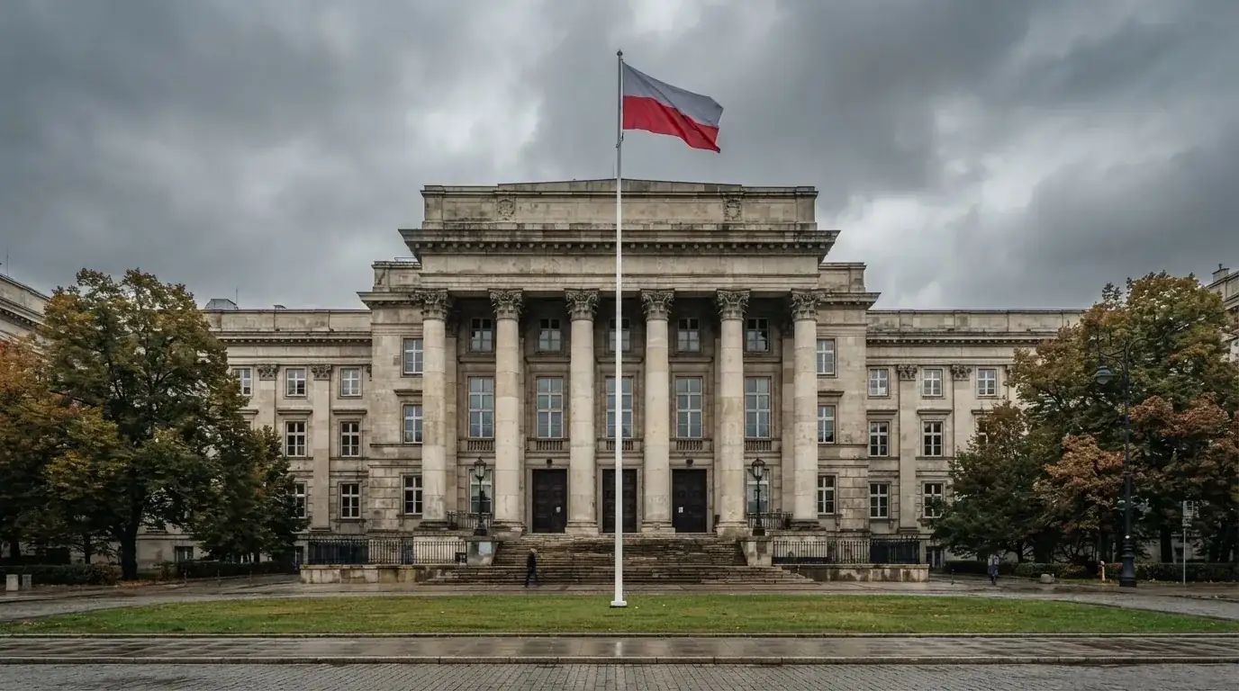 Budynek urzędu administracji państwowej z flagą Polski na maszcie w tle