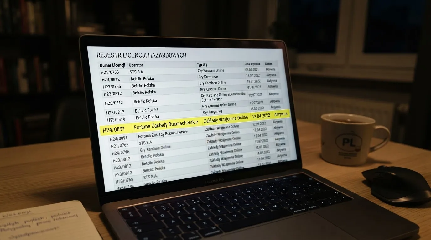 Ekran laptopa z otwartym rejestrem licencji regulatora z Curaçao, w którym jeden wiersz zaznaczono żółtym podświetleniem