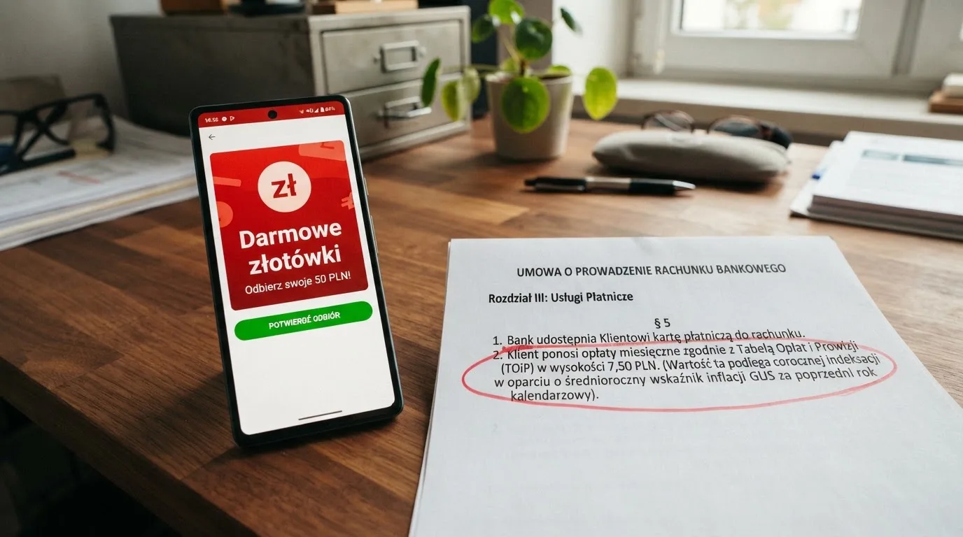 Telefon z banerem obiecującym darmowe złotówki za założenie konta, obok wydrukowany tekst ustawy o grach hazardowych z zaznaczonym artykułem