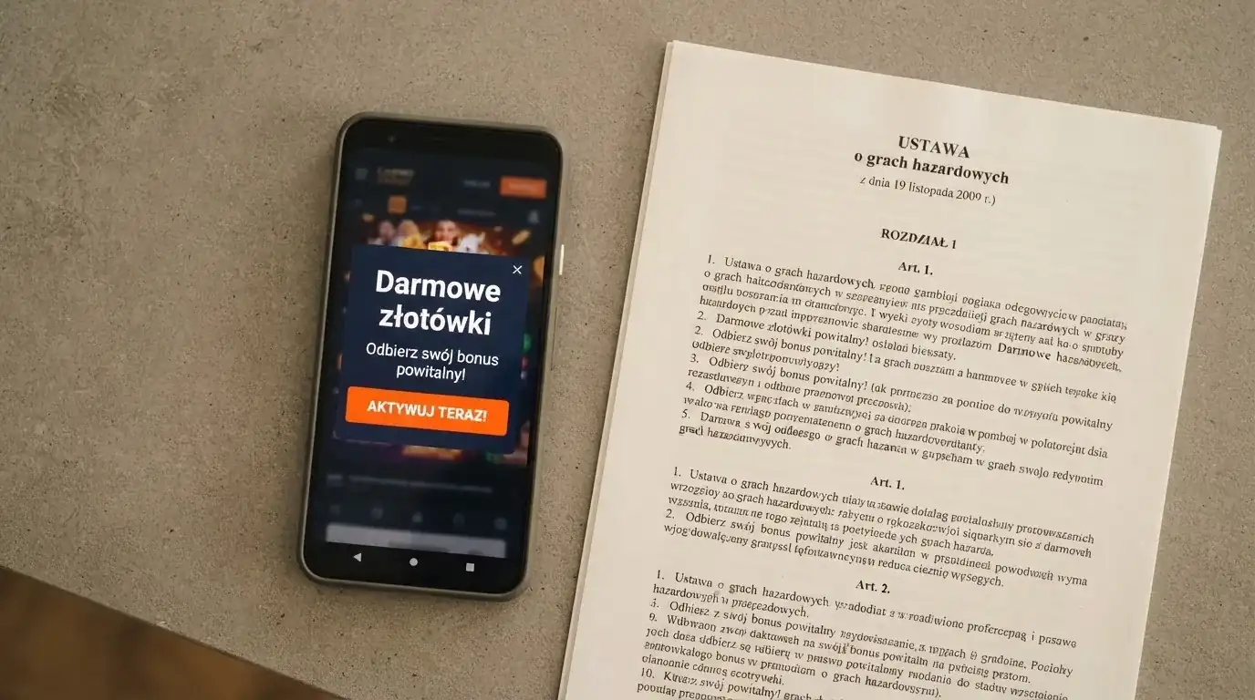 Telefon z wyskakującym banerem obiecującym darmowe złotówki za rejestrację, obok wydruk ustawy o grach hazardowych