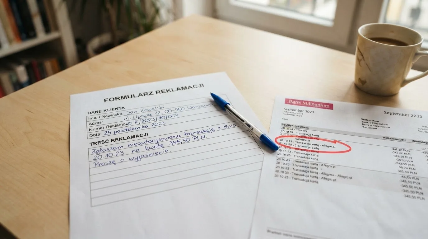 Wydrukowany formularz reklamacji leżący na biurku obok długopisu i wyciągu bankowego z zakreśloną pozycją